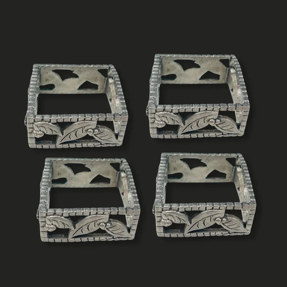 Vintage Seagull Pewter‎ Christmas Holly Leaf Napkin Rings Set 4 Square Silver